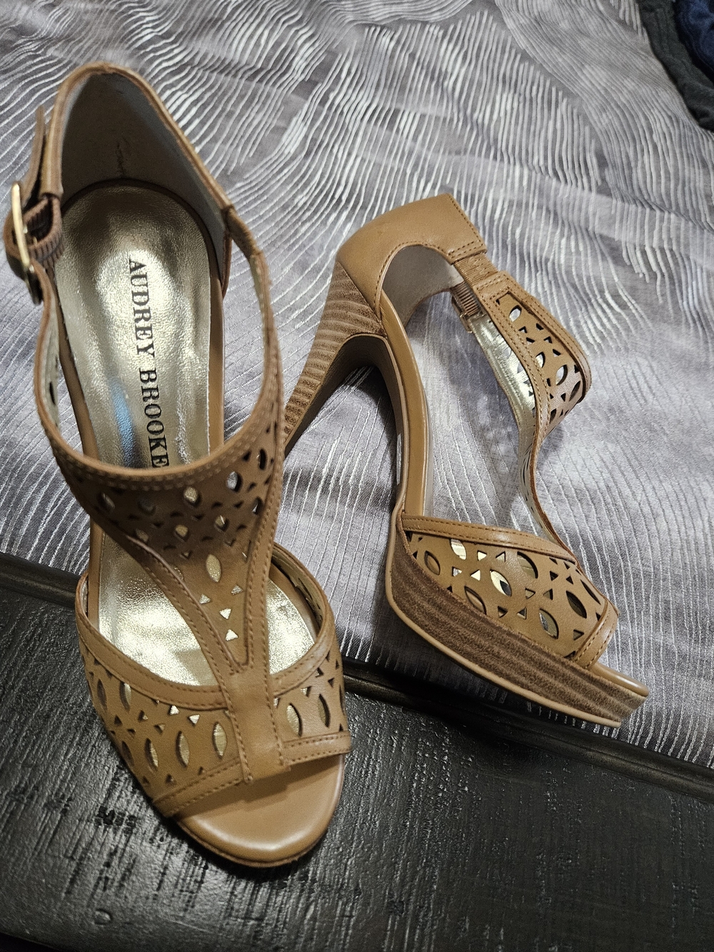 Audrey Brooke Tan Laser-Cut Wedge Sandals